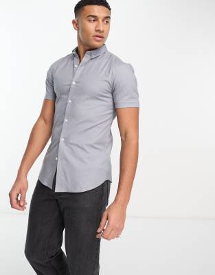 New Look New Look short sleeve muscle fit oxford shirt in light grey