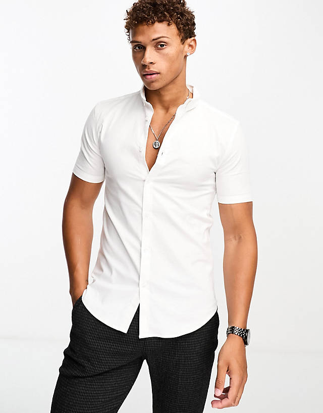 New Look - short sleeve muscle fit oxford shirt in white