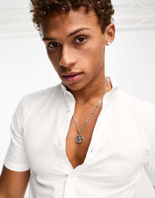 New Look short sleeve muscle fit oxford shirt in white, 2 of 4