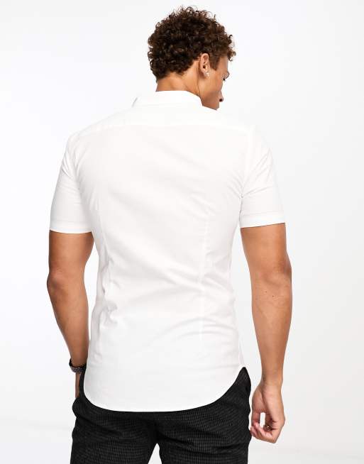 New Look short sleeve muscle fit oxford shirt in white, 3 of 4