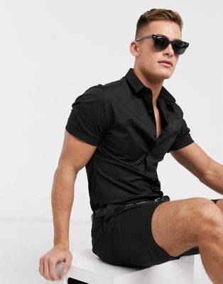 New look short sleeve muscle fit poplin shirt in black - ASOS Price Checker