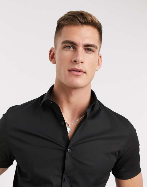 New look short sleeve muscle fit poplin shirt in black, 3 of 4