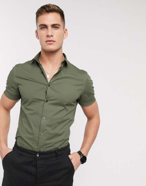 Download New look short sleeve muscle fit poplin shirt in khaki | ASOS