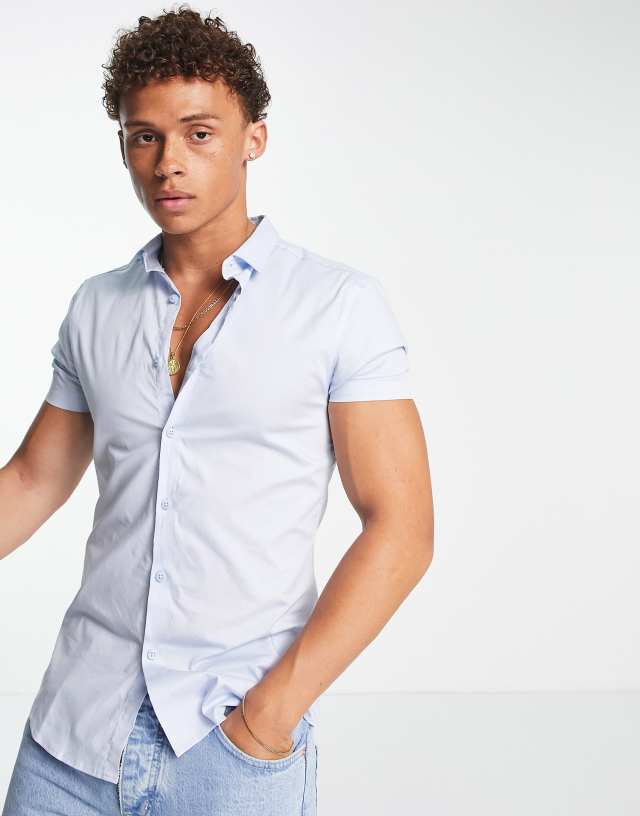 New Look - short sleeve muscle fit poplin shirt in light blue