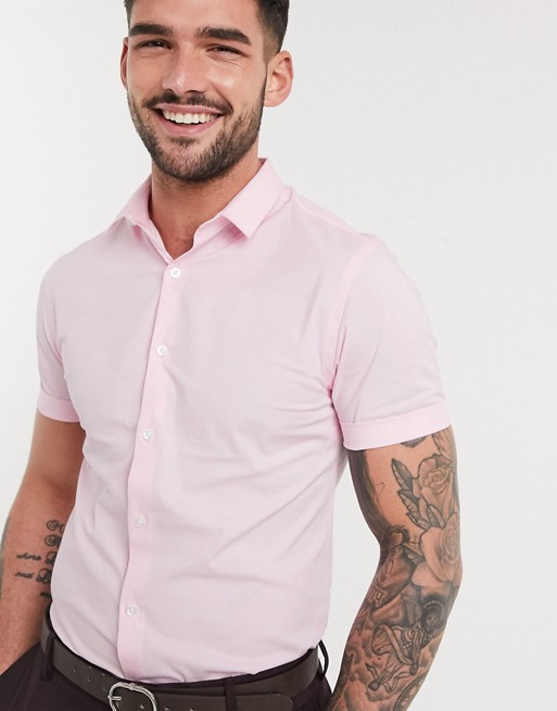 New look short sleeve muscle fit poplin shirt in pink