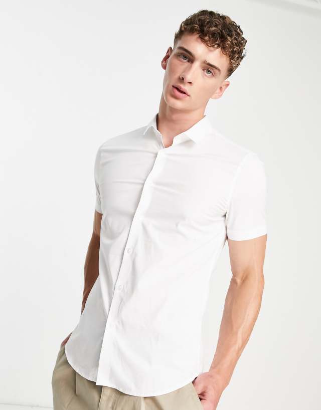 New look short sleeve muscle fit poplin shirt in white