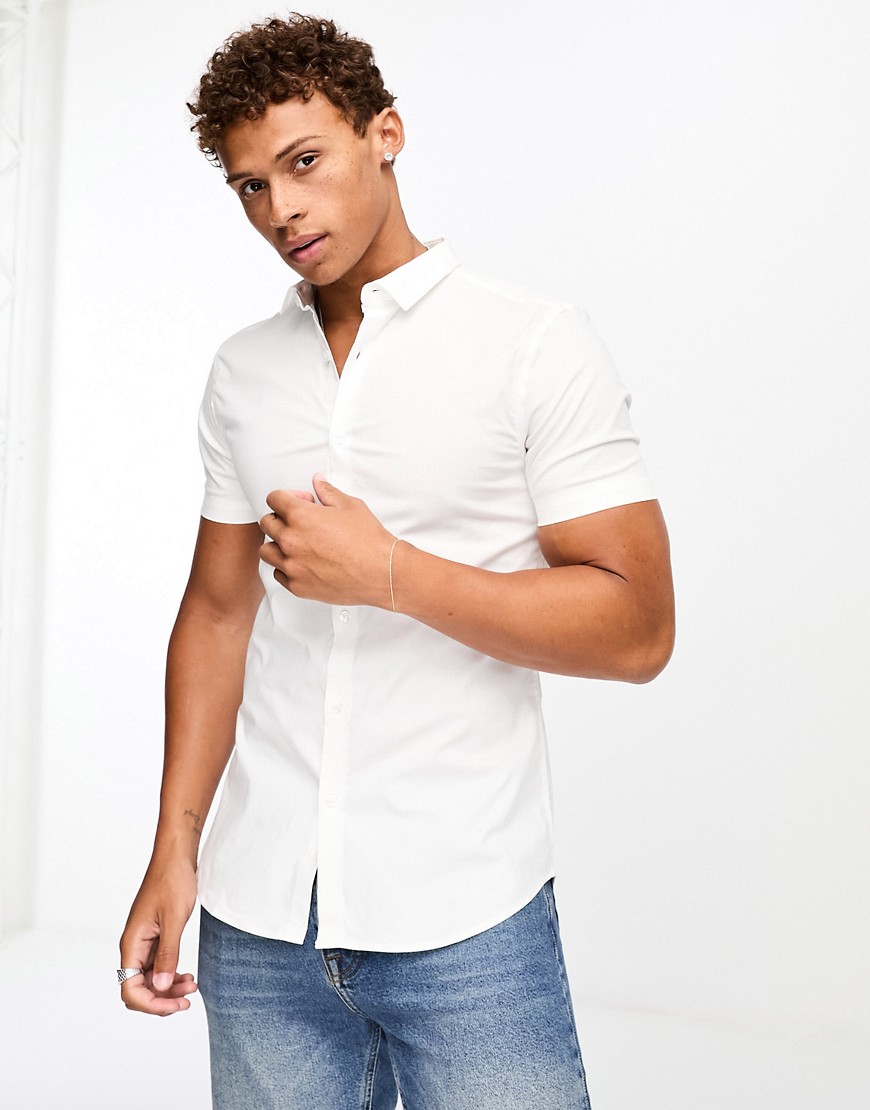 New Look short sleeve muscle fit poplin shirt in white