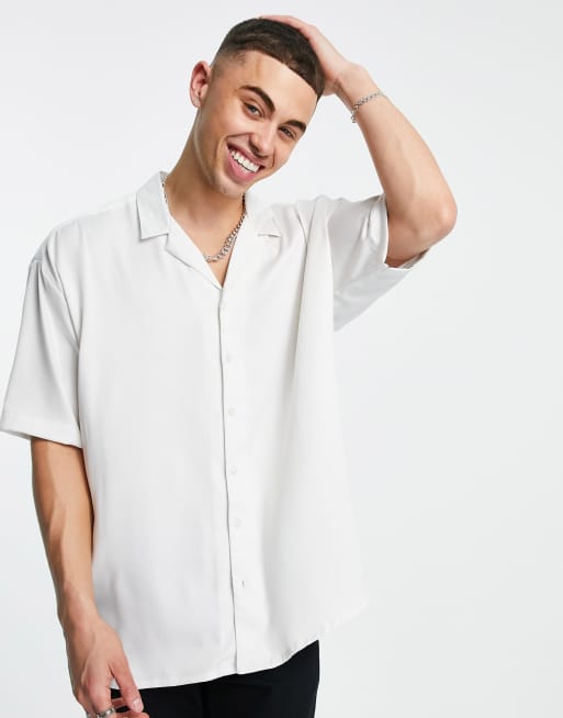 New Look short sleeve oversized satin shirt in off white