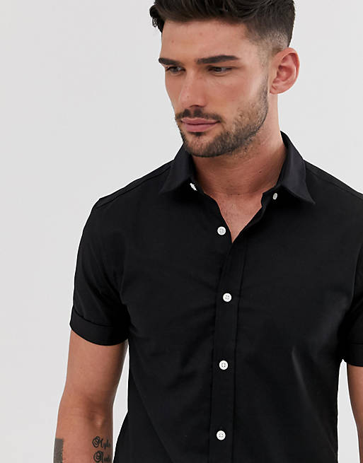 New Look short sleeve oxford shirt in muscle fit in black | ASOS