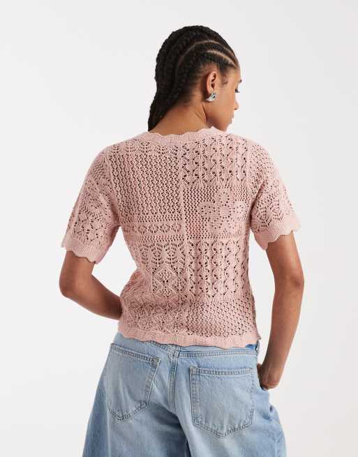 New Look short sleeve pointelle t-shirt in pink, 4 of 4