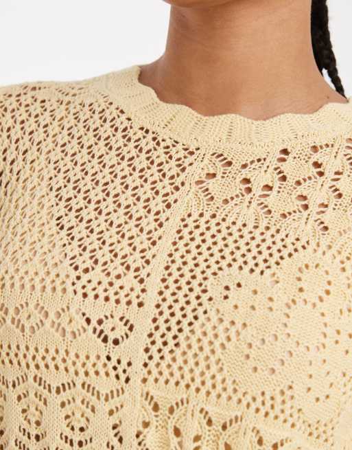 New Look short sleeve pointelle t-shirt in yellow, 3 of 4