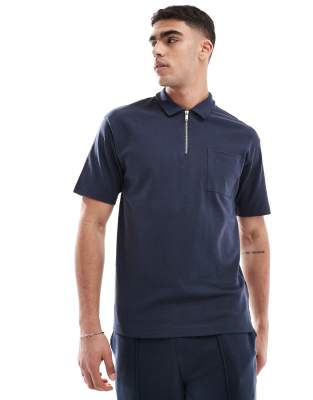 New Look New Look short sleeve polo shirt co-ord in navy-Blue