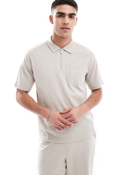 New Look short sleeve polo shirt co-ord in stone - view 1
