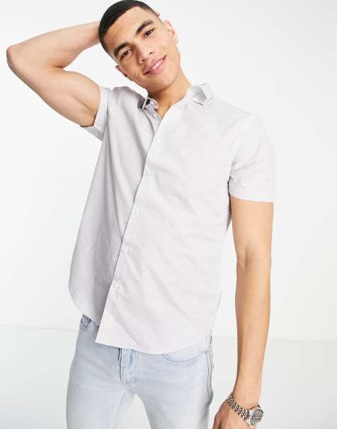 New Look short sleeve printed poplin shirt in light grey