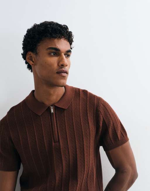 New Look short sleeve quarter zip texture polo in dark brown, 4 of 5