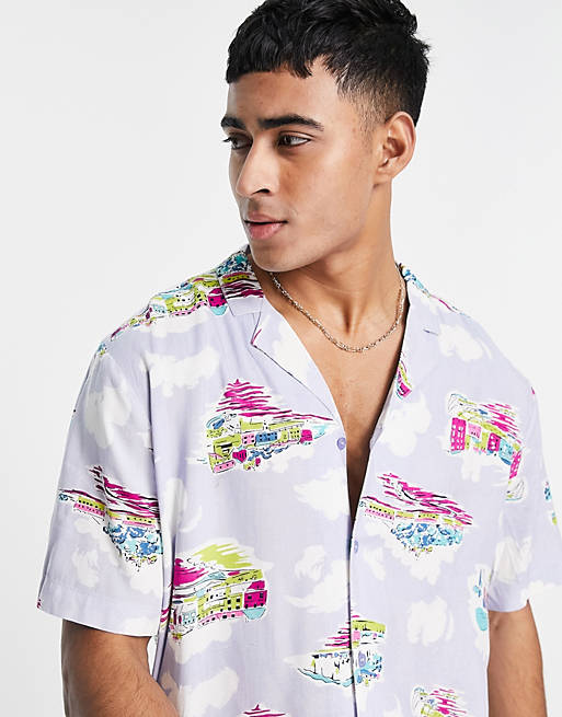 New Look short sleeve revere collar shirt with cloud print in lilac | ASOS