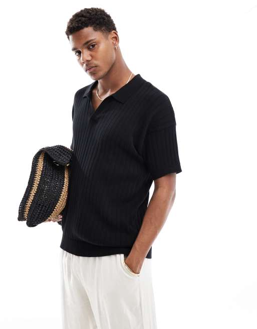  New Look short sleeve ribbed revere knit in black