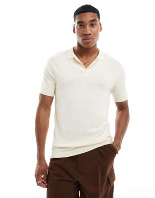  New Look short sleeve slim fit knit polo in off white