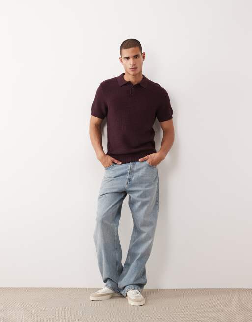 New Look short sleeve textured knit polo in dark purple, 3 of 5