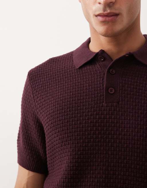 New Look short sleeve textured knit polo in dark purple, 4 of 5