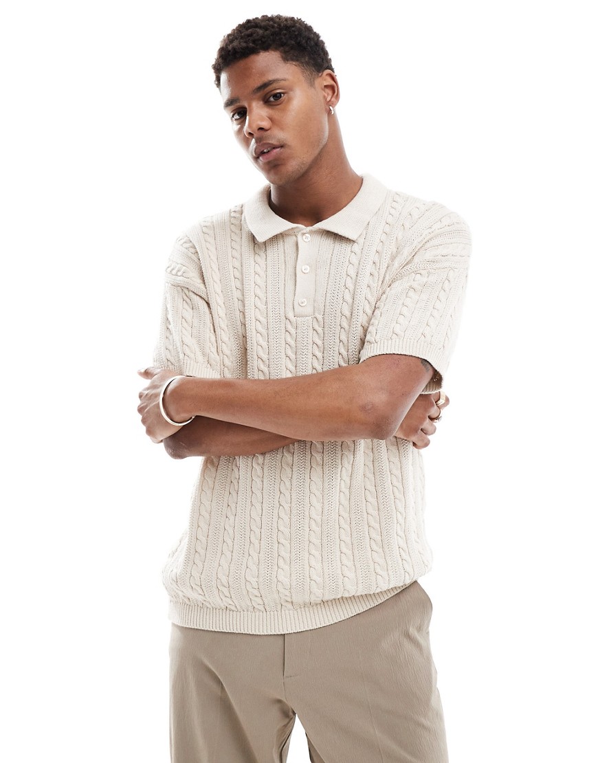 New Look short sleeve textured knit stripe polo in off white