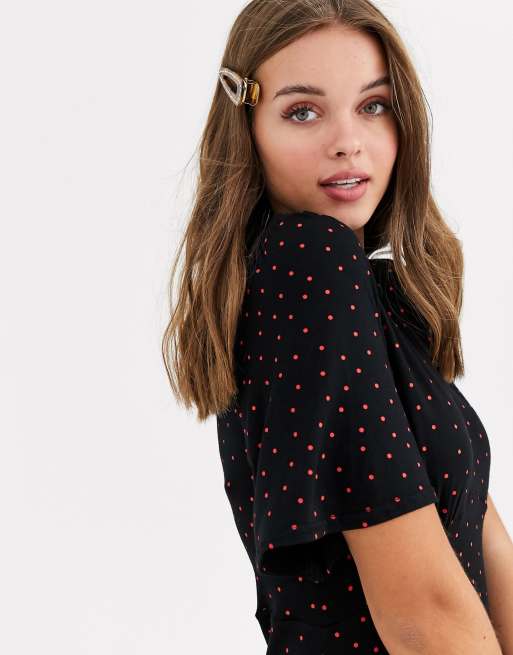New Look Short Sleeve Tie Waist Mini Dress In Red Polka Dot Asos