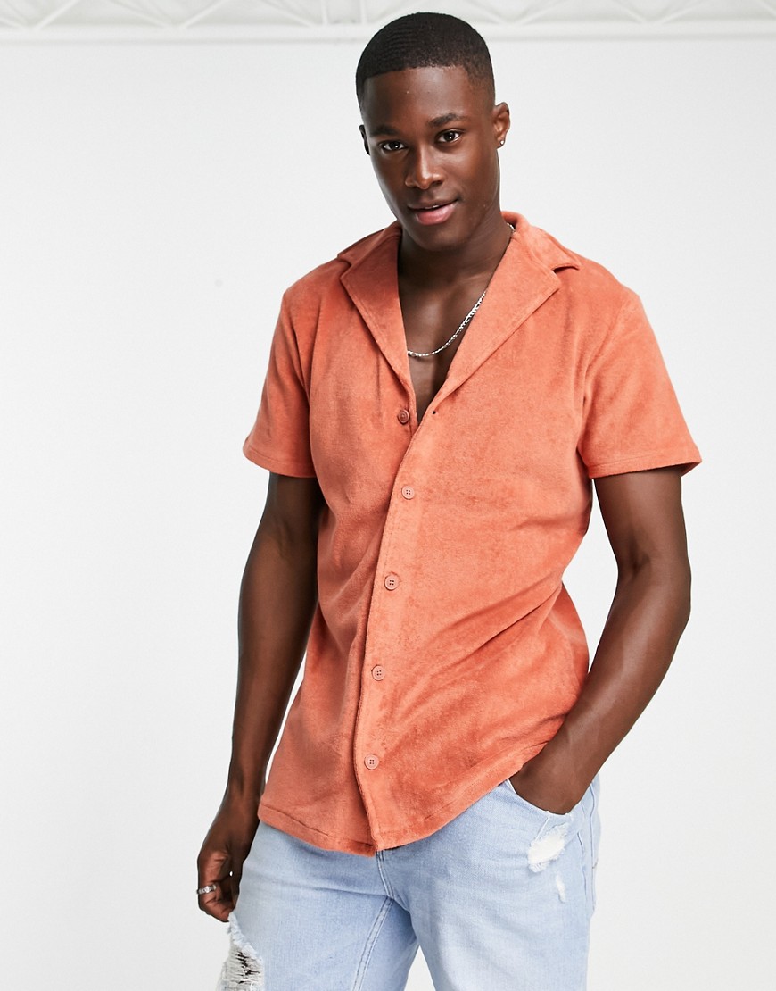 New Look short sleeve towelling shirt with revere collar in burnt orange