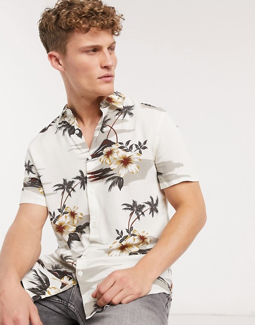 New Look short sleeve tropical floral print shirt in ecru