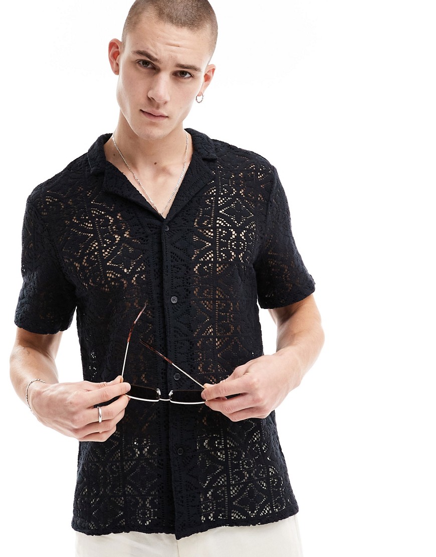 New Look short sleeved lace shirt in black