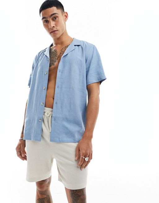 New Look short sleeved linen blend shirt in light blue