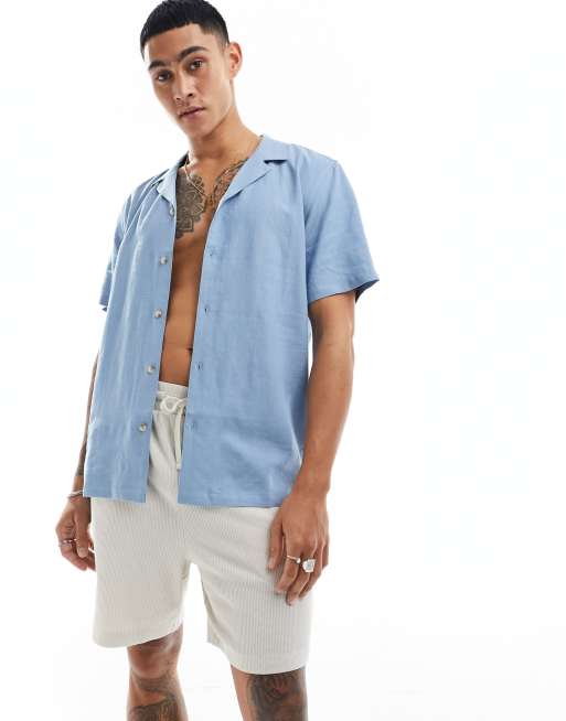  New Look short sleeved linen blend shirt in light blue