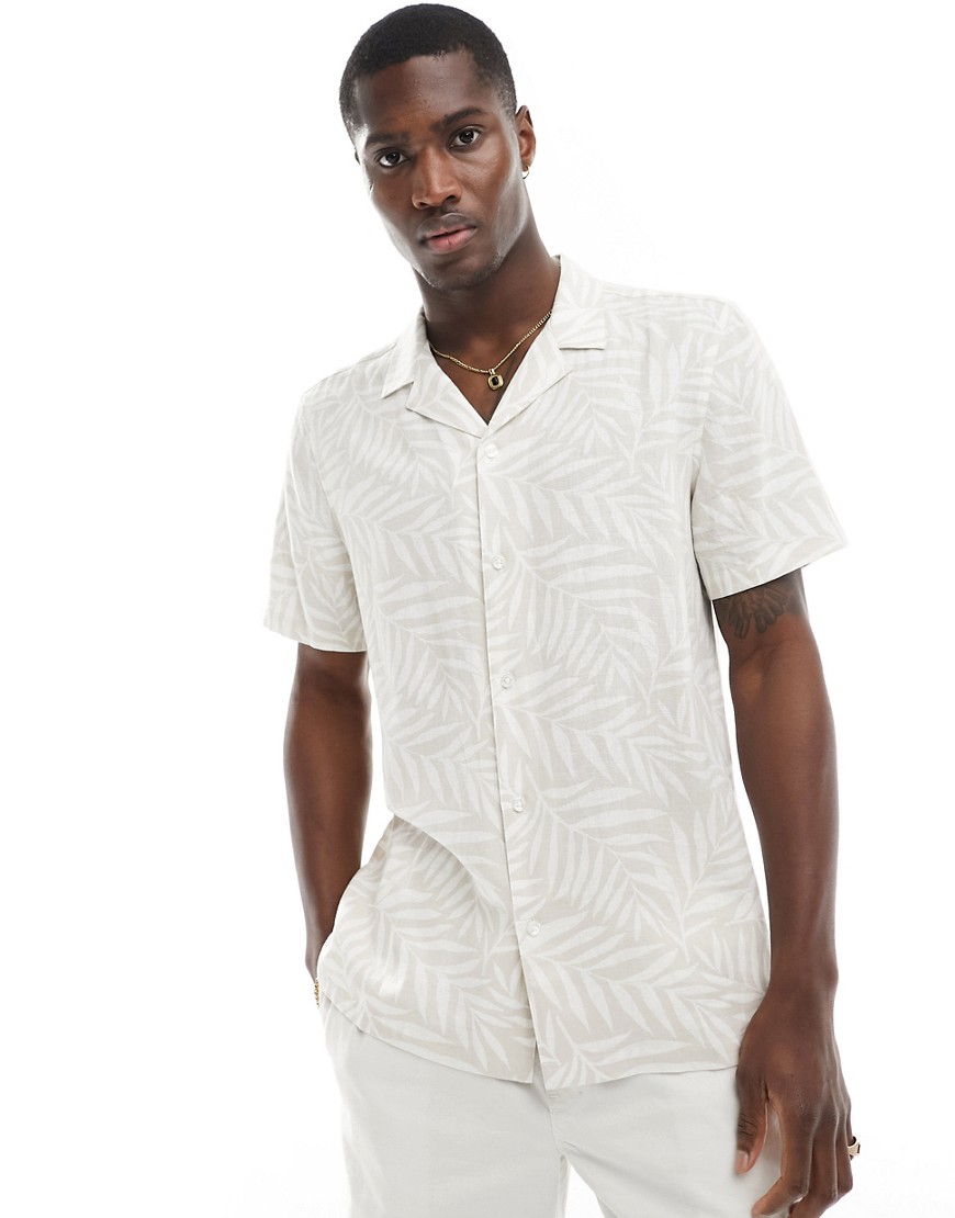 New Look short sleeved palm linen blend shirt in stone-Neutral