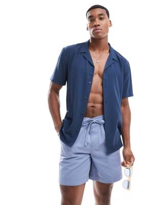 New Look New Look short sleeved soft seersucker shirt in navy