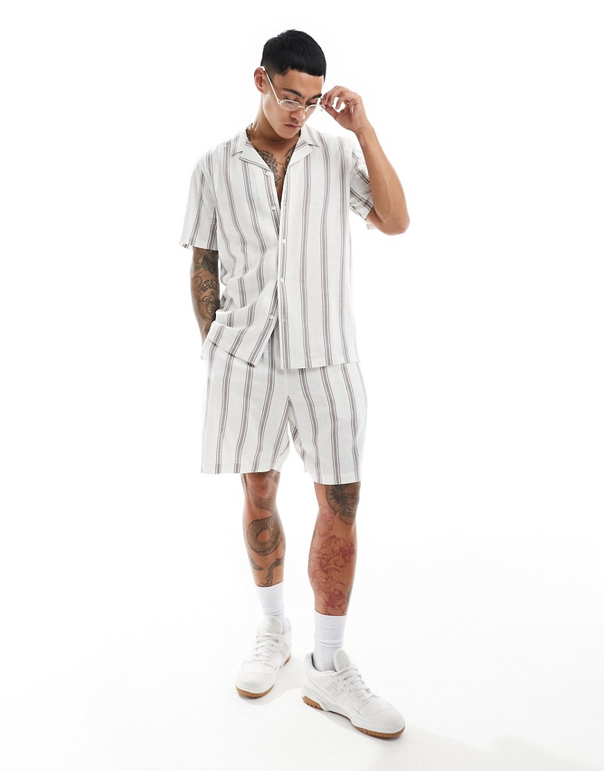 New Look short sleeved striped linen blend shirt in white