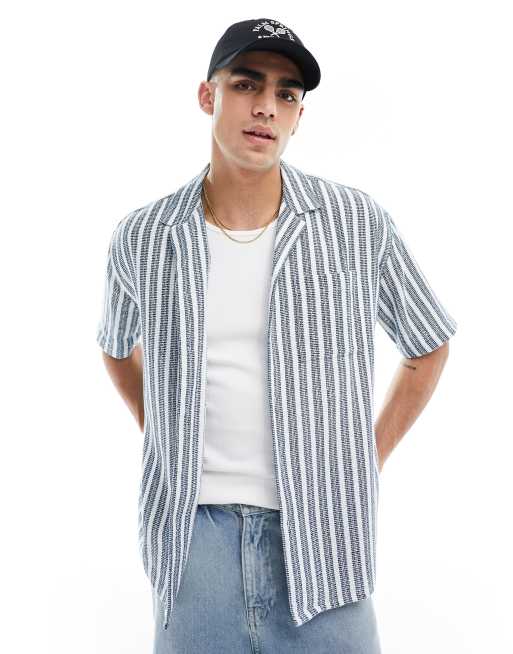  New Look short sleeved textured stripe patterned shirt in navy