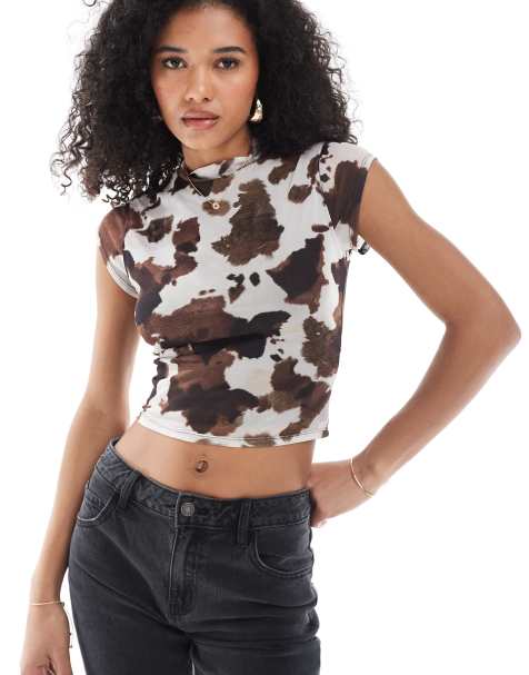 New Look mesh high neck top in cow print