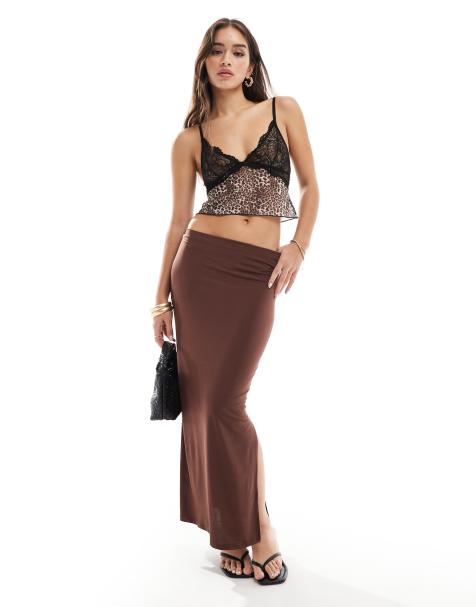New Look side split midi skirt in dark brown - view 1