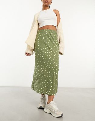 New Look side split midi skirt in green polka dot