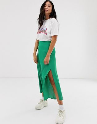 New Look side split midi skirt in green | ASOS