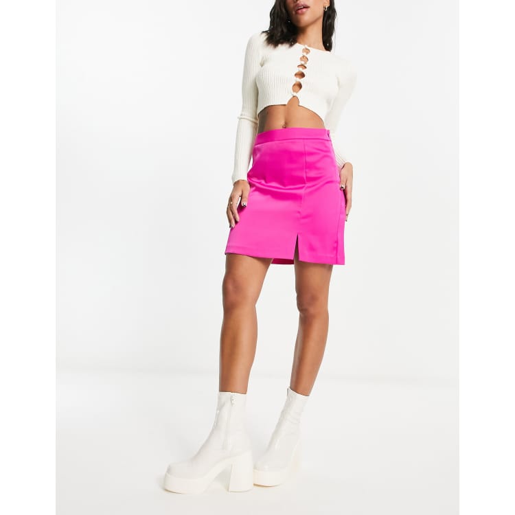 New Look side split satin mini skirt in bright pink