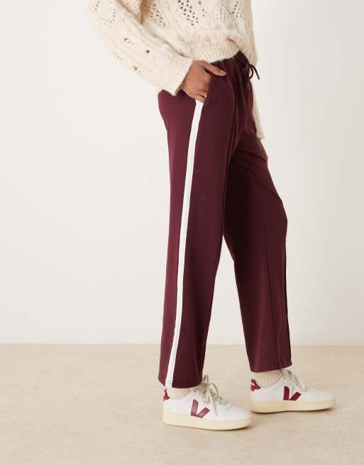 New Look side stripe pintuck joggers in burgandy ASOS