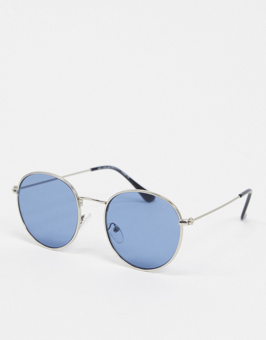New Look – Silverfärgade runda solglasögon i metall med blå glas