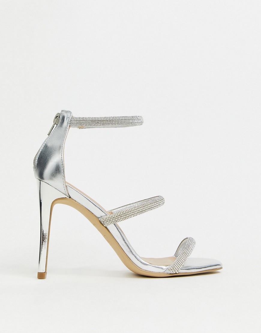 New Look – Silverfärgade, utsmyckade sandaler med stilettklack