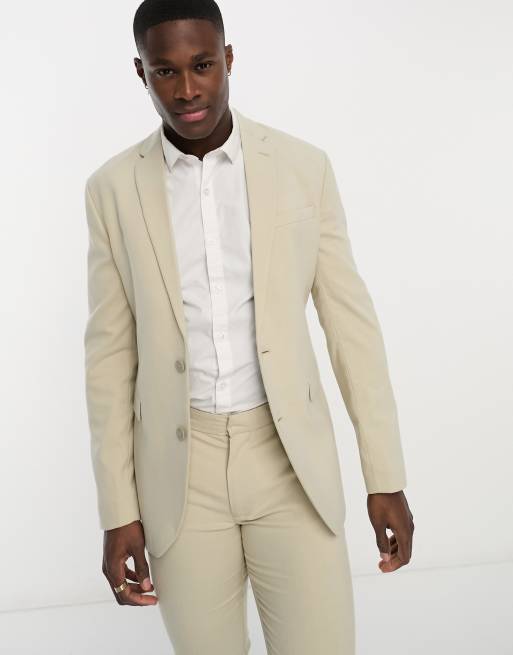 New Look single breasted skinny suit jacket in oatmeal | ASOS