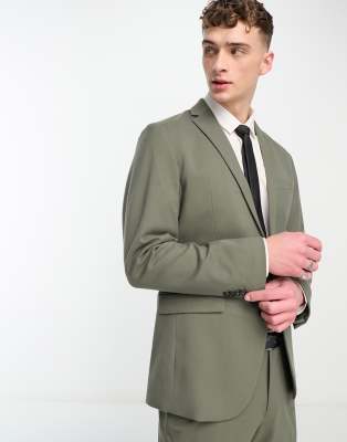 New Look Single Breasted Slim Suit Jacket In Dark Khaki-green