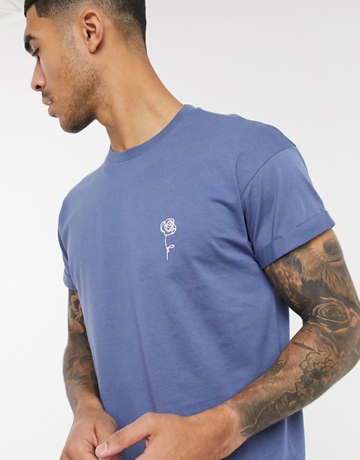 New Look sketch rose embroidered t-shirt in blue