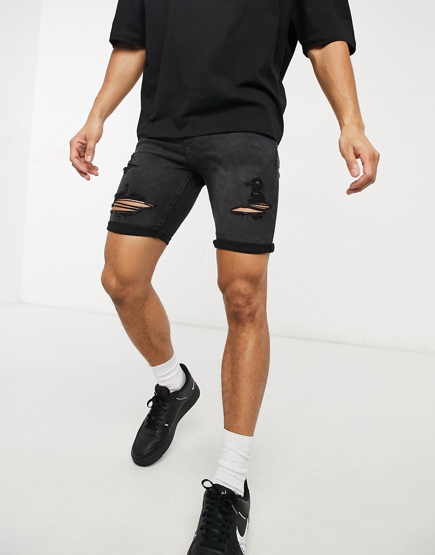 New Look skinny denim shorts in washed black