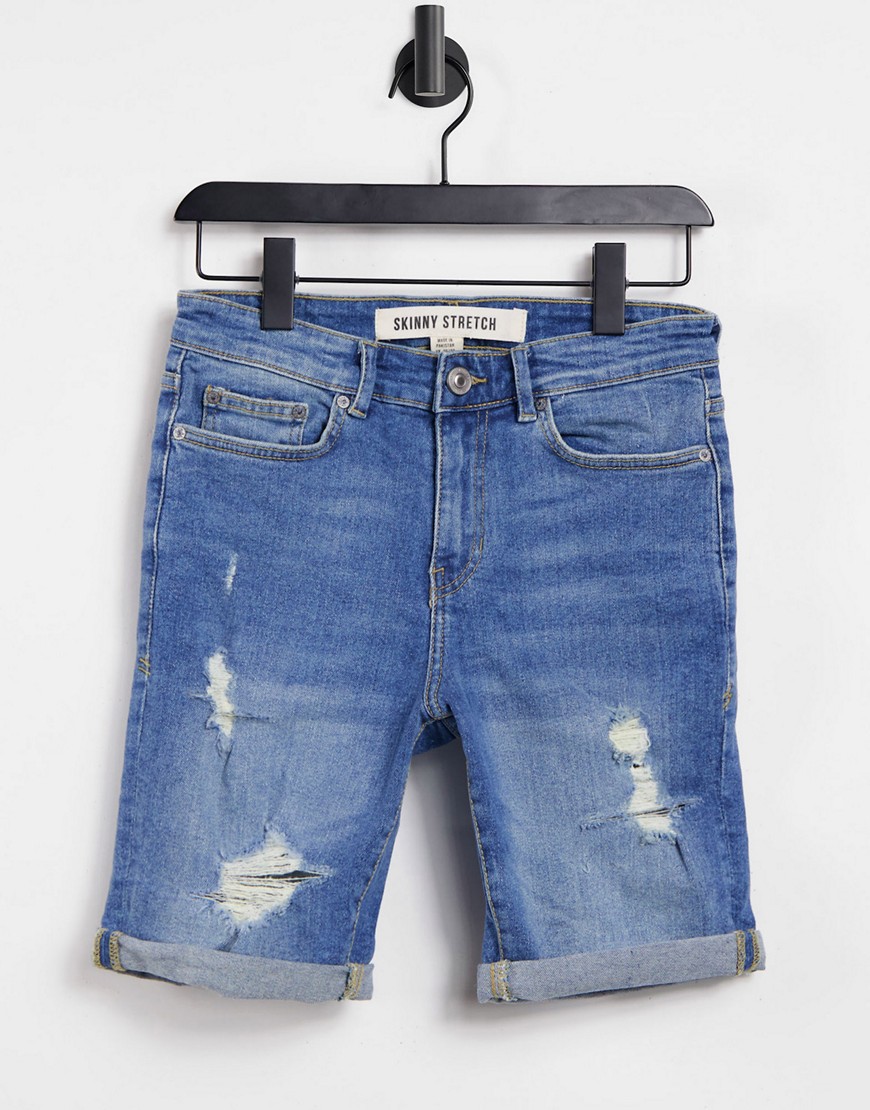 New Look skinny denim shorts with rips in blue-Blues