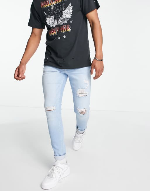 New Look Skinny Jeans With Extreme Rips In Light Blue Asos