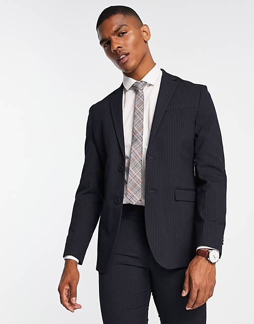 New Look skinny pinstripe suit jacket in navy | ASOS